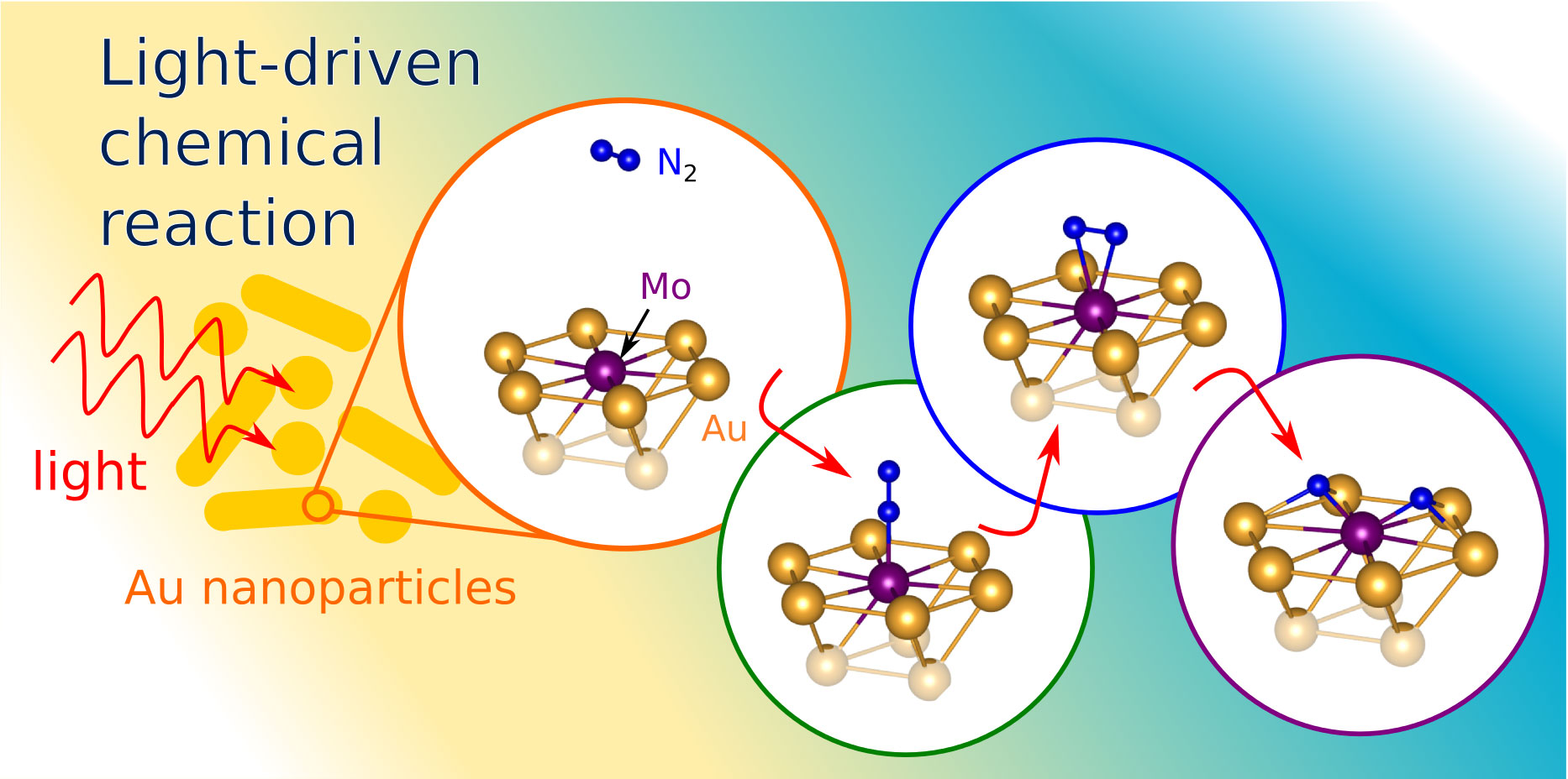 Nanostructures made from gold concentrate light energy and boost molybdenum's ability to pull apart the two nitrogen atoms in an N2 molecule (illustration by the researchers)