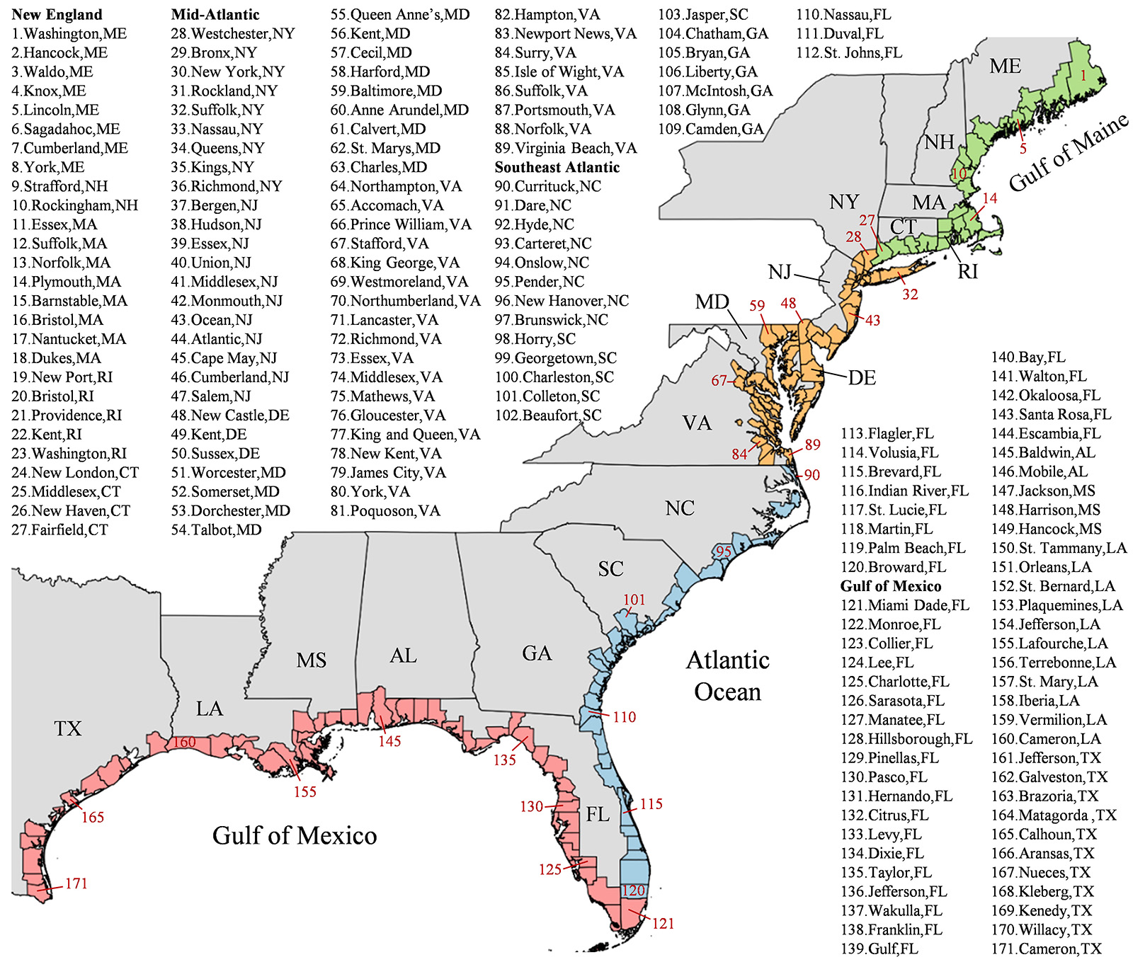 Map of U.S. East and Gulf coasts with numbered listing of 171 coastal counties. (Images courtesy of the researchers)