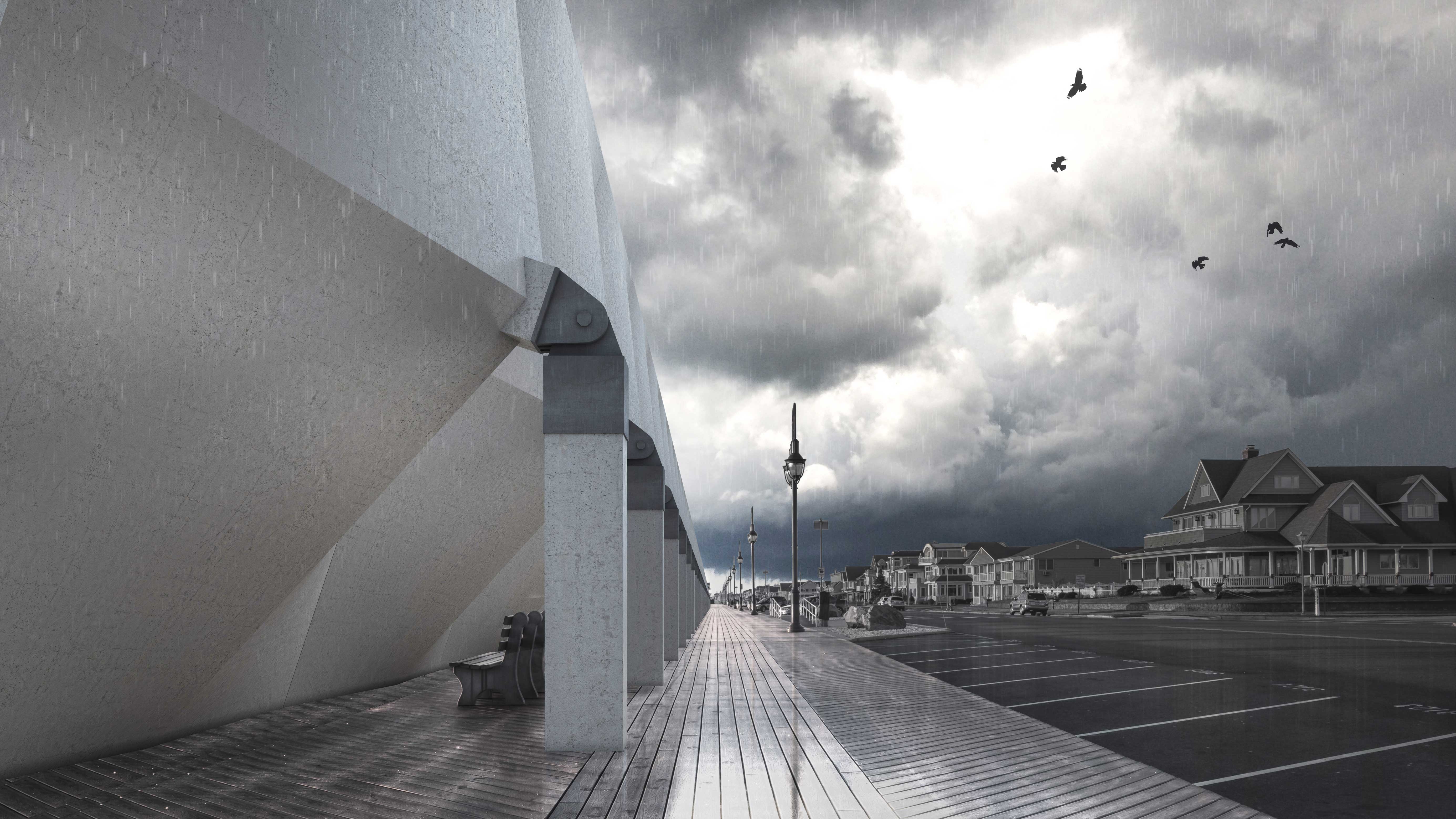 Concrete umbrellas tilted down to protect coastal structures during a storm