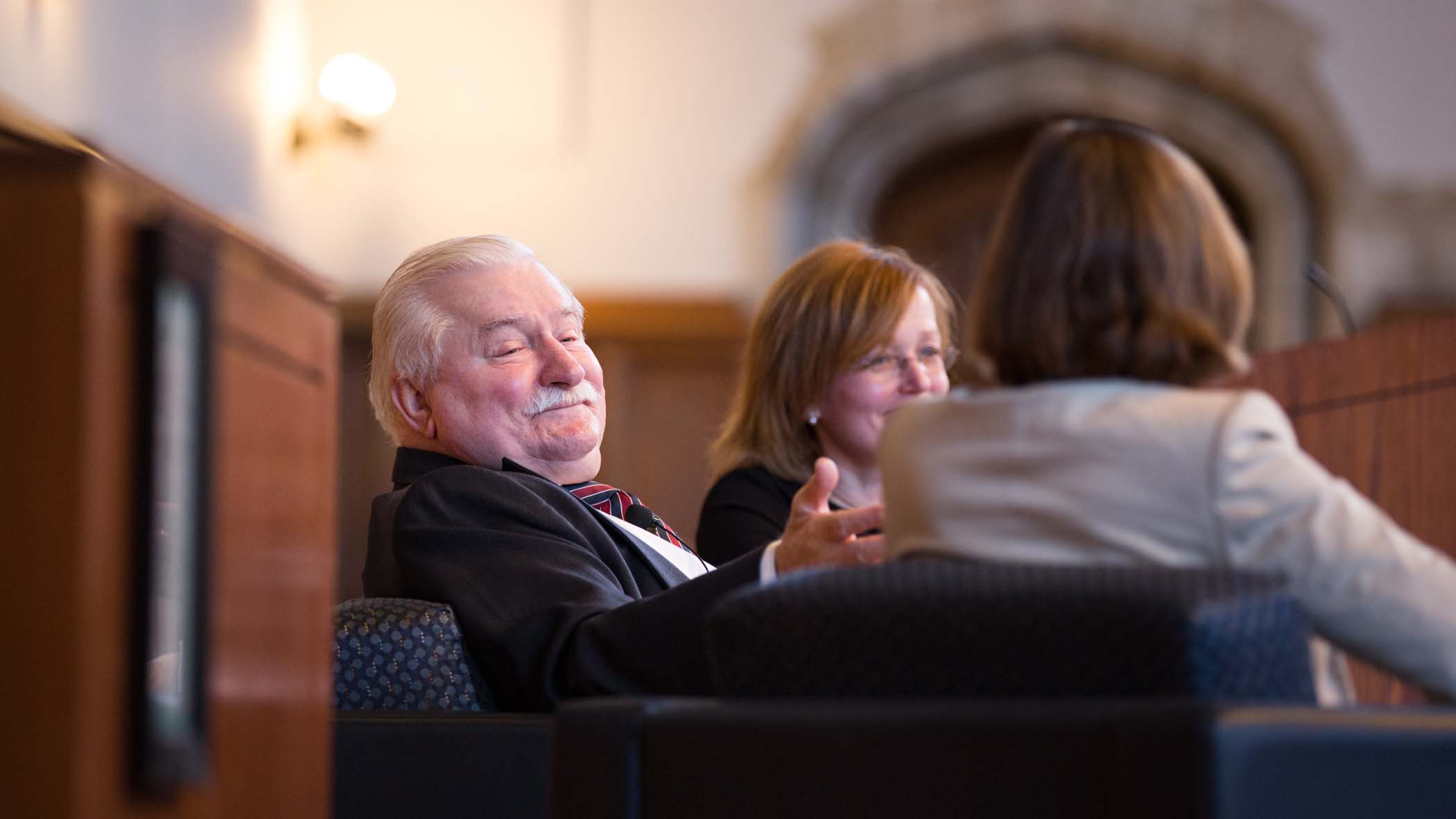 Lech Walesa in his seat at Keller Center event.