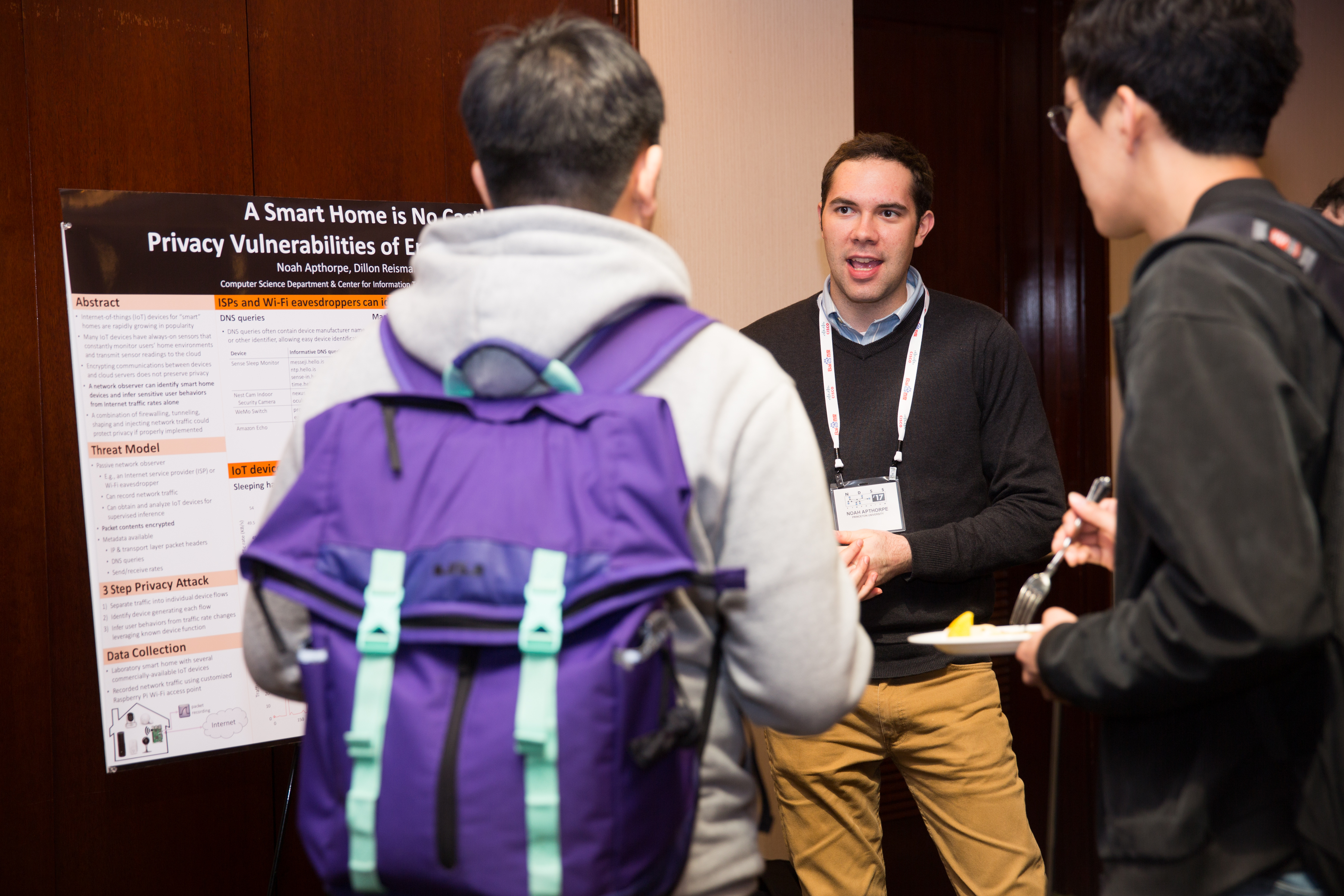 Presenting a poster of his work “A Smart Home is No Castle: Privacy Vulnerabilities of Encrypted IoT Traffic,” at the Network and Distributed System Security Symposium (NDSS).