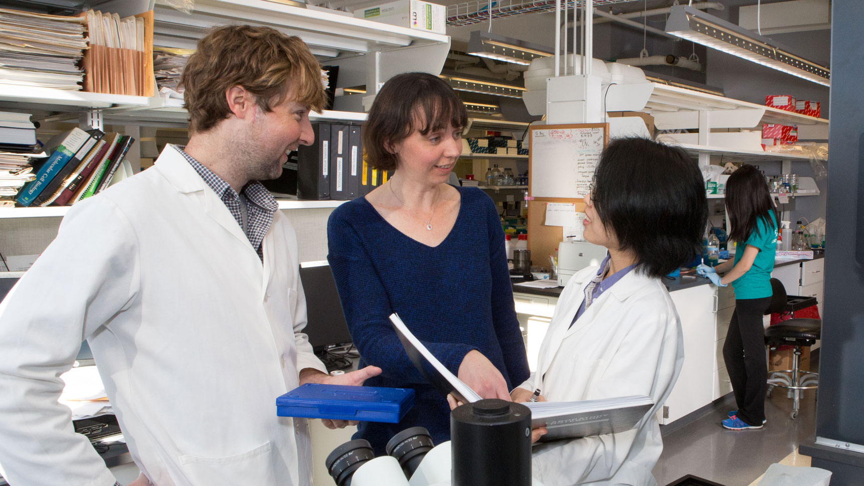 Three researchers talk in lab