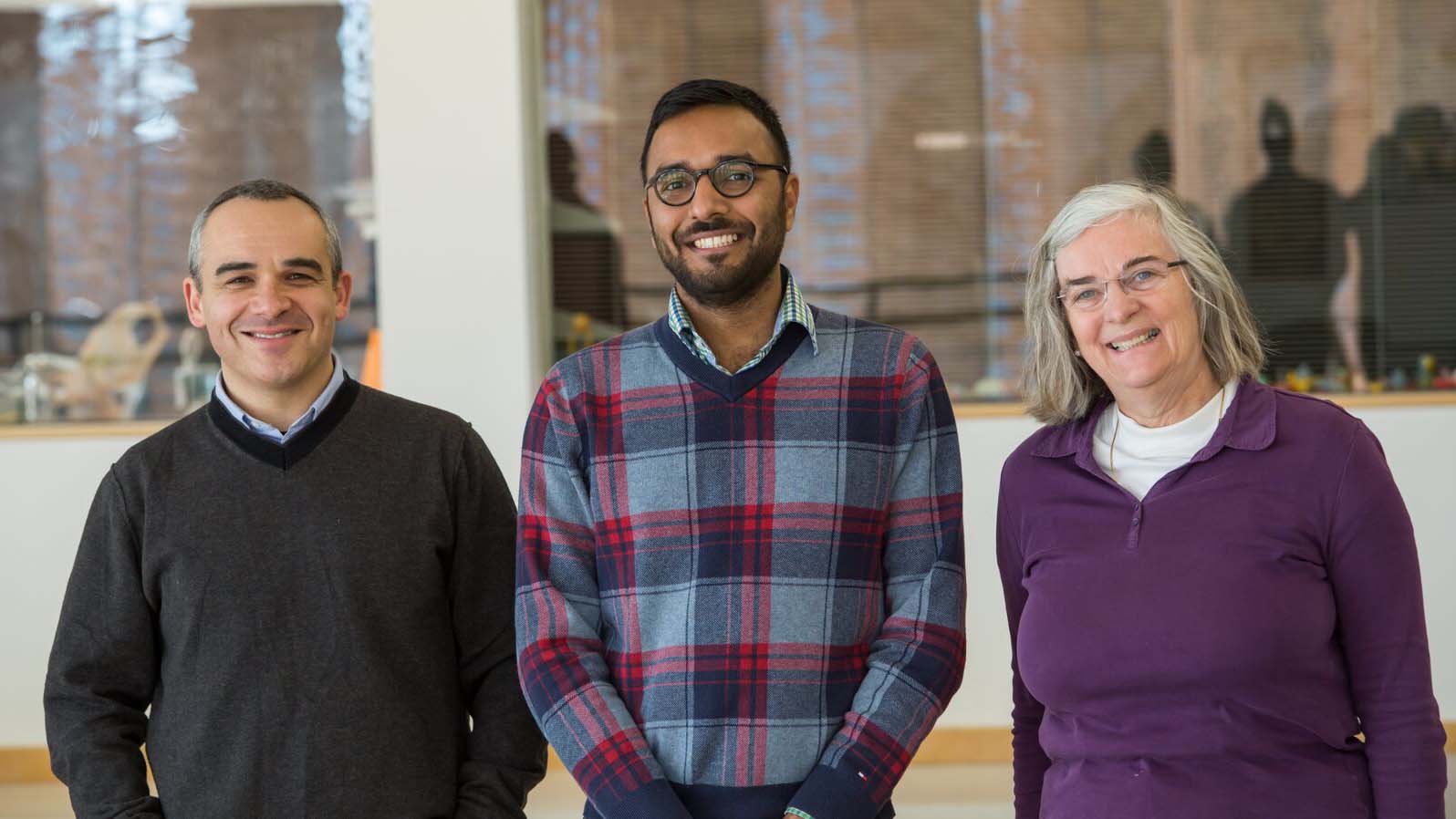Princeton graduate alumnus Yogesh Goyal, center. From left are Goyal's co-advisers at Princeton, professors Stanislav Shvartsman and Gertrud Sch√ºpbach.