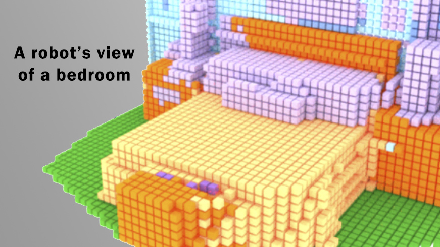 A colorful robots'-eye view of a bedroom