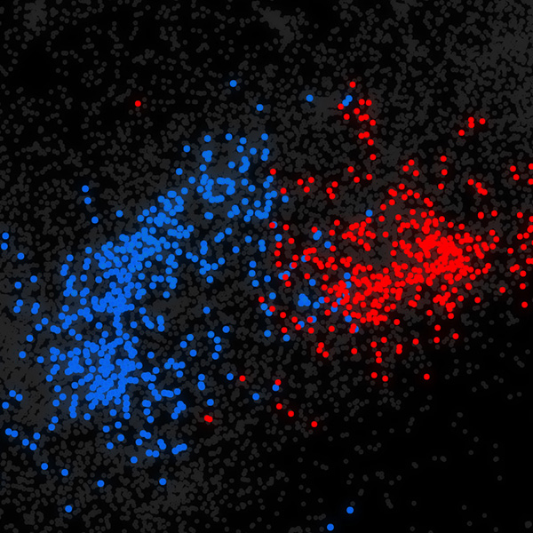 Scientific plot of blue and red dots on a black background
