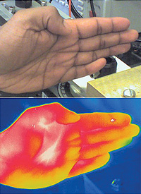 Dual pictures of a hand in visible and in infra-red light