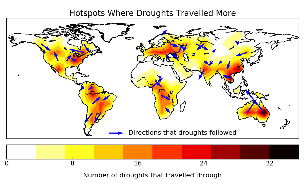 World map showing hotspots where droughts travelled more