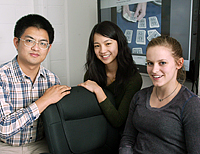 Electrical engineering graduate students Pei-Yuan Wu (left) and Jiasi Chen<br />
            (middle) helped guide students in the class, including sophomore Samantha Anderson, a computer science<br />
            major. For her class project, Anderson studied the popularity of videos on YouTube. (Photo by Frank<br />
            Wojciechowski)