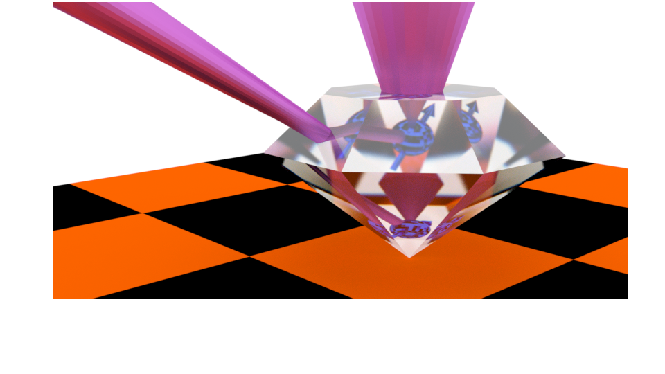 Artist's rendition of a diamond taking in a beam of light over a checkerboard background