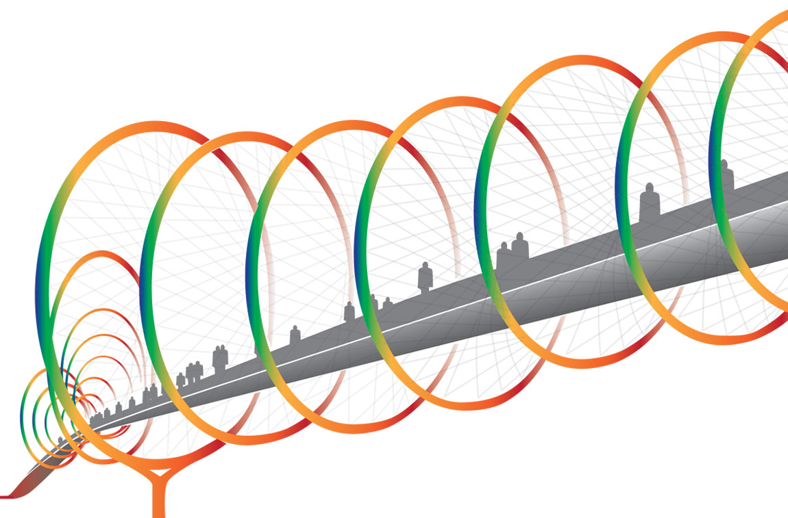 Illustration of workers walking through colorful rings