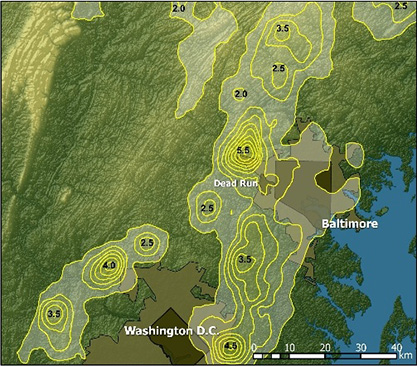 Pattern of lightning strikes near Baltimore and Washington, D.C.